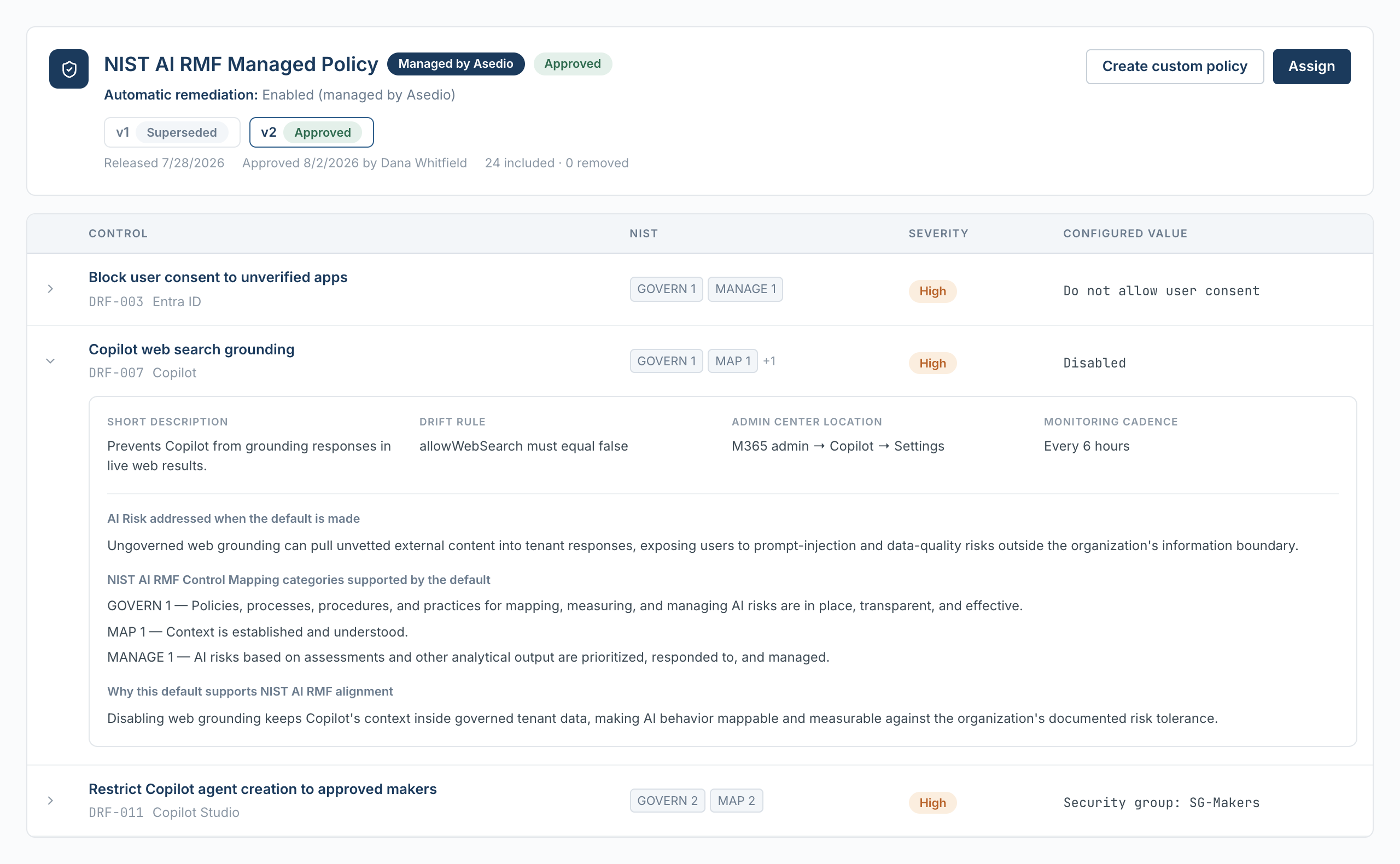Asedio console — NIST AI RMF managed policy drilldown with drift controls mapped to GOVERN, MAP, and MANAGE categories